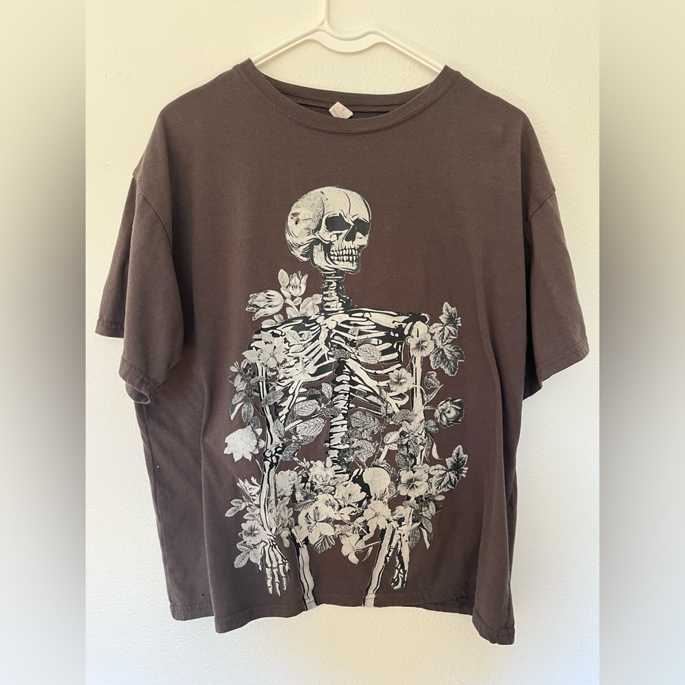 Brown/Gray Graphic Over-Sized Tee with Skeleton and Floral Design